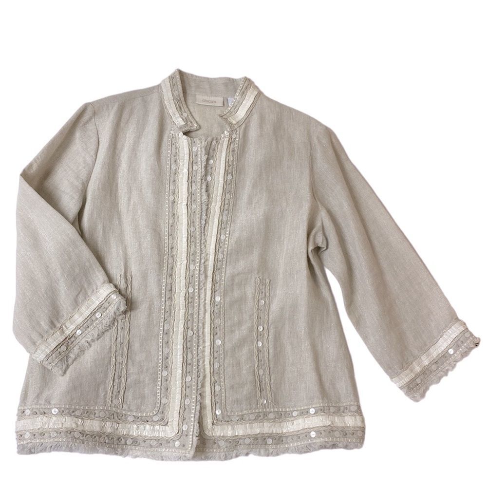 Chico’s Artisan Accent Aleanna Open Front Jacket Silver Sand Size 1 & Medium
